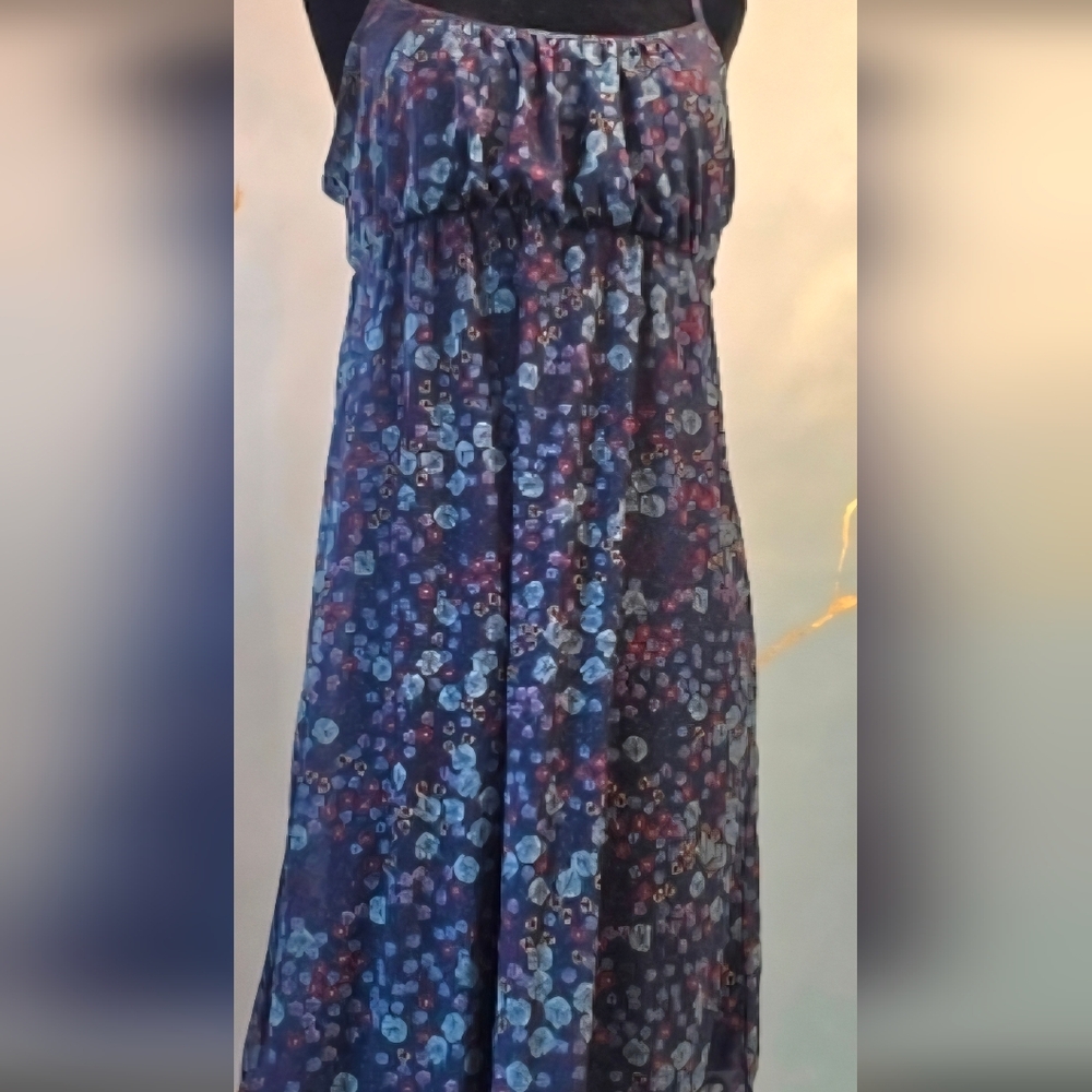 Multicolor Floral Navy Blue Mesh Layered Take Pride Spaghetti Strap Sun Dress M